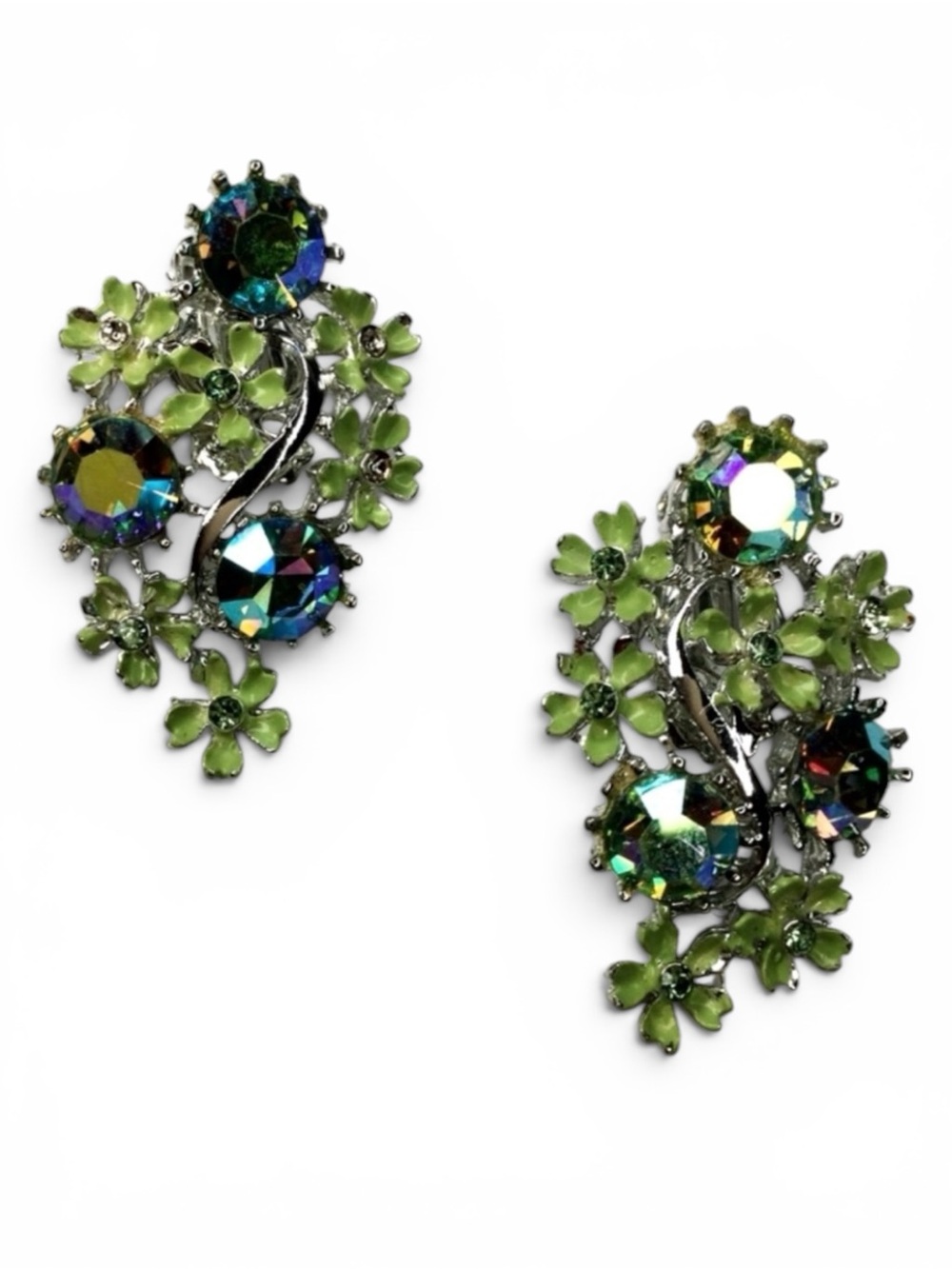 Vtg 1960s Silver‑Tone Paisley Clip‑On Earrings – AB Rhinestones & Enamel Flowers - Picture 9 of 12